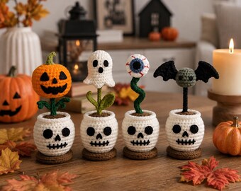 Halloween haakpatroon voor planten, schedel plantenbak amigurumi PDF, pompoen spook oogbal vleermuis haakpatroon, griezelige huisdecoratie