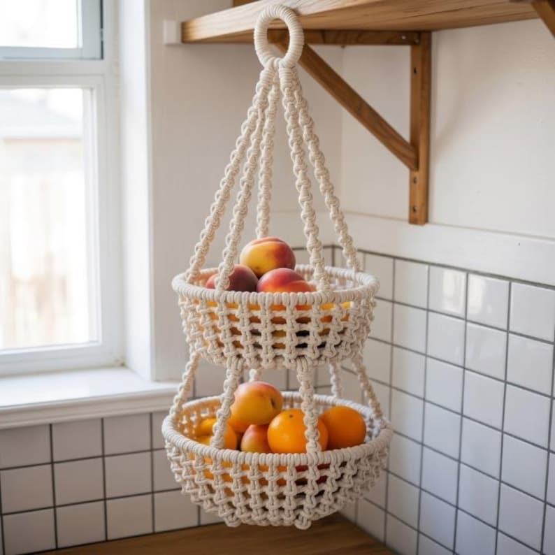 Op de afbeelding: Een cr&egrave;mekleurige macram&eacute; hangmand met twee niveaus, gevuld met vers fruit. De bovenste mand bevat perziken, de onderste mand sinaasappels. De manden hangen aan een houten plank, ideaal voor het opbergen van fruit in de keuken.