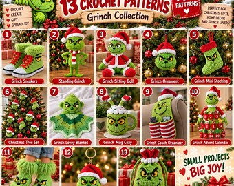 Bundel met Grinch-haakpatronen, 13 kersthaakpatronen: Grinch-pop, deken, pantoffels, kerstsok, mokhoesje, kerstornament. PDF-download.