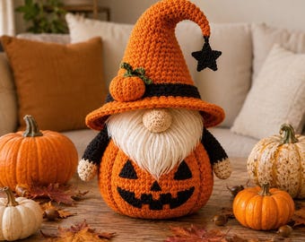 Häkelanleitung für einen Halloween-Gnom, Kürbis-Gnom-Amigurumi-PDF, Hexenhut-Gnom-Anleitung, Herbstliche Häkeldeko, Halloween-Dekorationsanleitung