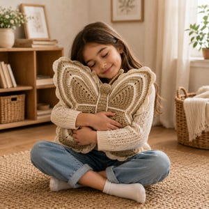 Peut inclure: Un coussin en crochet en forme de papillon avec un corps central et de grandes ailes dans des tons beige et crème. Le coussin présente une surface texturée et cousue avec des bords festonnés et un contour distinct, un design textile fait main.