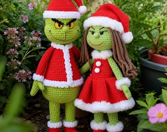 Schema per uncinetto di una coppia natalizia verde, amigurumi natalizio in PDF, schema per uncinetto di una bambola di Babbo Natale, decorazioni natalizie all'uncinetto, regalo di Natale fai da te