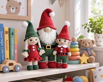 Jultomte-virkmönster, Tomte-tomtefamilj Amigurumi PDF, Virkat juldockamönster, Jultomte-dekor, Tomtetrio