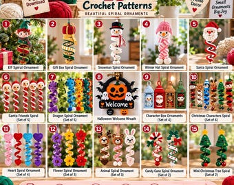 Bundel met 15 haakpatronen voor kerstornamenten, spiraalvormige ornamenten (PDF), kerstman, sneeuwpop, elf, draak, kerstboomversieringen, haakpatronen voor de feestdagen