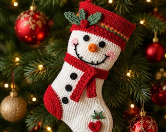 Schneemann-Weihnachtsstrumpf-Häkelanleitung (PDF) | Gehäkelter Schneemann-Weihnachtsstrumpf | Weihnachtsdeko für den Kaminsims | Amigurumi-Anleitung für einen Weihnachtsstrumpf