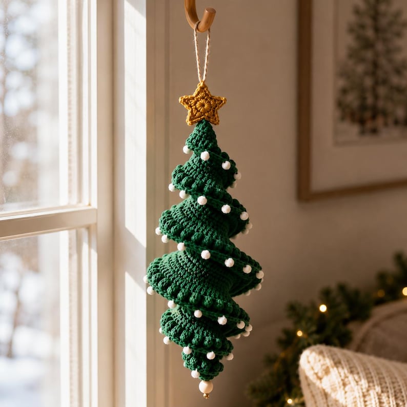 May include: A spiral-shaped crochet Christmas tree ornament in dark green yarn, featuring small white pom-poms along the edges, topped with a mustard yellow crocheted star, and finished with a single wooden bead at the bottom point.