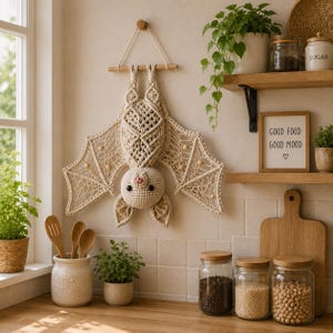 May include: A cream-colored macrame wall hanging shaped like a bat, suspended from a wooden dowel. The bat features intricate knotted wing patterns, small wooden beads, a crocheted head with black button eyes, and a small pink nose detail.