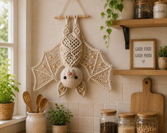 Macramé vleermuispatroon (PDF), gotische vleermuis wanddecoratie, Halloween macramé decoratie, vleermuis vezelkunst, boho wanddecoratie, handgemaakt Halloween cadeau