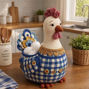 Peut inclure: Un porte-œufs en crochet en forme de poule avec une tête crème, une crête et des barbillons rose foncé, et un corps à carreaux bleus et blancs orné de petites broderies florales jaunes. La queue est faite de pétales en crochet superposés.