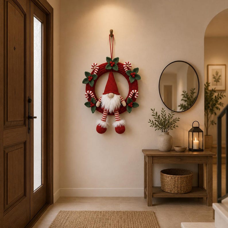 May include: A crocheted Christmas wreath featuring a central gnome with a red pointed hat, white beard, and striped legs. The wreath is decorated with green leaves, red berries, and red and white striped candy canes, hanging by a red cord.