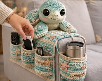 Haakpatroon voor een schildpad bankorganizer (PDF), haakhandleiding voor een armleuninghouder voor de bank, pluche zeeschildpad afstandsbedieningshouder en bekerhouder