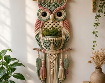 Makramee-Eulen-Wandbehang (PDF-Anleitung) | Makramee-Pflanzgefäß mit Eulenmotiv | Boho-Eulen-Wanddeko | Makramee-Pflanzgefäß-Wandbehang zum Selbermachen