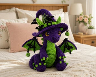 Crochet Dragon Pattern PDF, Halloween Witch Dragon Amigurumi, Fantasy Dragon Crochet Pattern, Cute Dragon Plushie, Instant Digital Download