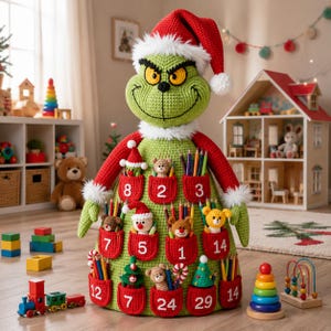May include: A large, green, crocheted Grinch-like figure wearing a red Santa hat with white trim. The body features multiple red pockets, each numbered and containing small crocheted toys or colored pencils, creating a festive advent calendar.