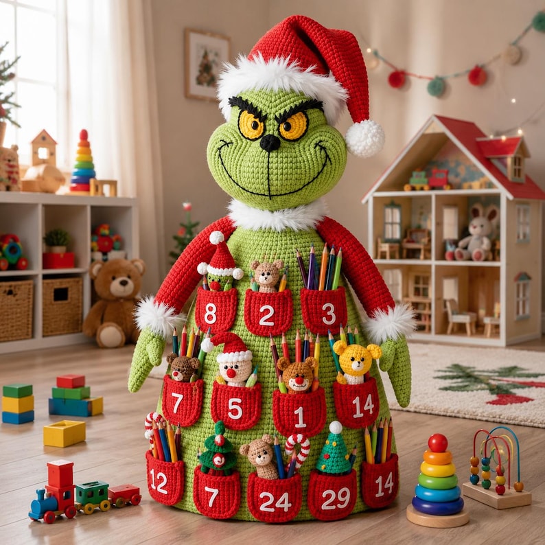May include: A large, green, crocheted Grinch-like figure wearing a red Santa hat with white trim. The body features multiple red pockets, each numbered and containing small crocheted toys or colored pencils, creating a festive advent calendar.