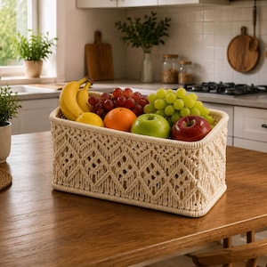 May include: A rectangular macrame basket filled with fresh fruit, including bananas, grapes, oranges, and apples. The basket is beige and sits on a wooden table in a kitchen setting. The fruit is colorful and vibrant.