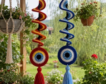 Haakpatroon voor een spiraalvormige wanddecoratie, Mandala met het boze oog (PDF), Boho-hangornament, Gehaakte woondecoratie, DIY wanddecoratie