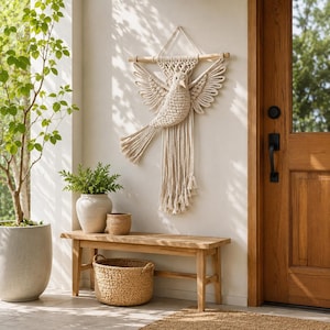 Pode incluir: Um pendurador de parede de macramé bege em forma de pássaro com as asas abertas, montado em um pino de madeira. O pássaro é exibido em uma parede neutra, com um banco de madeira, plantas em vasos e uma cesta de vime em primeiro plano. A cena é banhada pela luz natural.