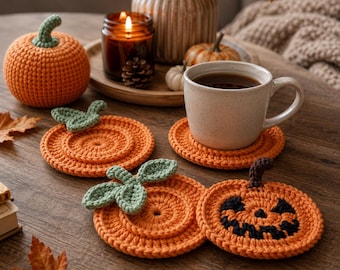 Häkelanleitung für Kürbis-Untersetzer, 4 Halloween-Kürbis-Untersetzer (PDF), Herbstliche Häkeldeko, Jack-o'-Lantern-Untersetzer, Tischdeko für die Herbstzeit