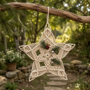 May include: A cream-colored macrame star ornament featuring intricate knotted cord patterns. The star is decorated with two small green pine sprigs, a cluster of three red berries, and two small silver jingle bells attached to the center.