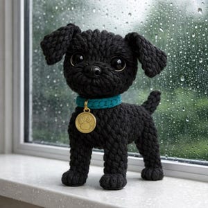 Op de afbeelding: Een handgemaakte zwarte gehaakte hond met grote, expressieve ogen en een turquoise halsband. De hond heeft een gouden label met een pootafdruk. De hond staat op een wit oppervlak voor een raam met regendruppels.