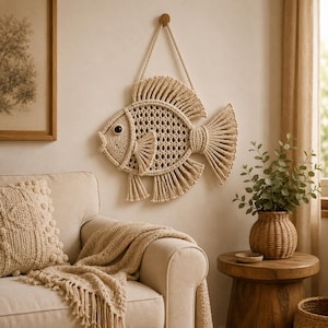 May include: A wall hanging shaped like a fish, crafted from off-white macrame cord. The design features a knotted lattice body, a prominent dark eye, and fringed fins and tail. It is suspended by a single cord from a small wooden wall hook.