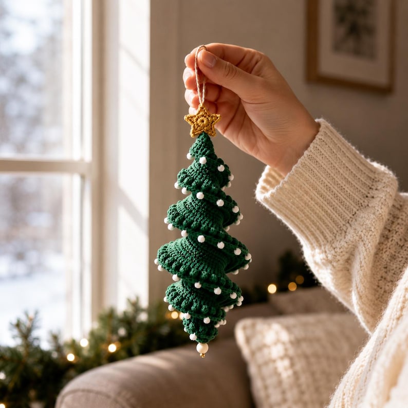 May include: A dark green crocheted Christmas tree ornament featuring a spiral design with small white beads attached to the edges. The tree is topped with a small yellow crocheted star and hangs from a thin string loop for display purposes.