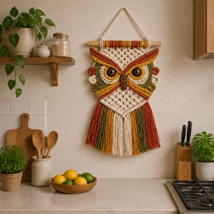 May include: A macrame owl wall hanging with a wooden dowel and hanging cord. The owl features a cream-colored body, with brown, orange, yellow, and green accents. The owl's eyes are large and brown. The bottom of the owl has a fringe of various colors.