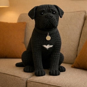 Peut inclure: Sculpture de chien noir au crochet, avec une marque blanche sur la poitrine et une étiquette dorée sur le collier. Le chien est assis sur un canapé beige avec des coussins orange. Les traits du chien sont détaillés et il a une expression amicale.