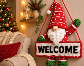 Schema PDF per realizzare uno gnomo di Natale all'uncinetto | Gnomi natalizi amigurumi | Decorazioni natalizie all'uncinetto per principianti | Gnomo con Babbo Natale e bastoncino di zucchero