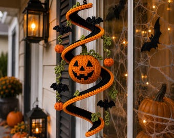 Halloween Pumpkin Spiral Crochet Pattern, Pumpkin Wind Spinner, Halloween Hanging Decor, Crochet Bat & Pumpkin Decoration PDF