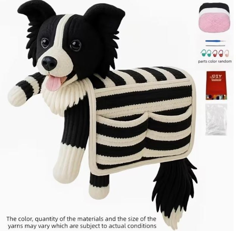 Puede incluir: Una figura de perro de peluche en blanco y negro con una lengua rosa, que presenta una bolsa de tela a rayas unida a su espalda. El set incluye hilo, un ganchillo, marcadores de puntos, un folleto de instrucciones DIY rojo y una bolsa.