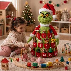 May include: A large green crocheted character doll wearing a red Santa hat and featuring twenty-four numbered pockets, each containing small stuffed animals, colored pencils, or holiday-themed ornaments, standing upright on a carpeted floor.