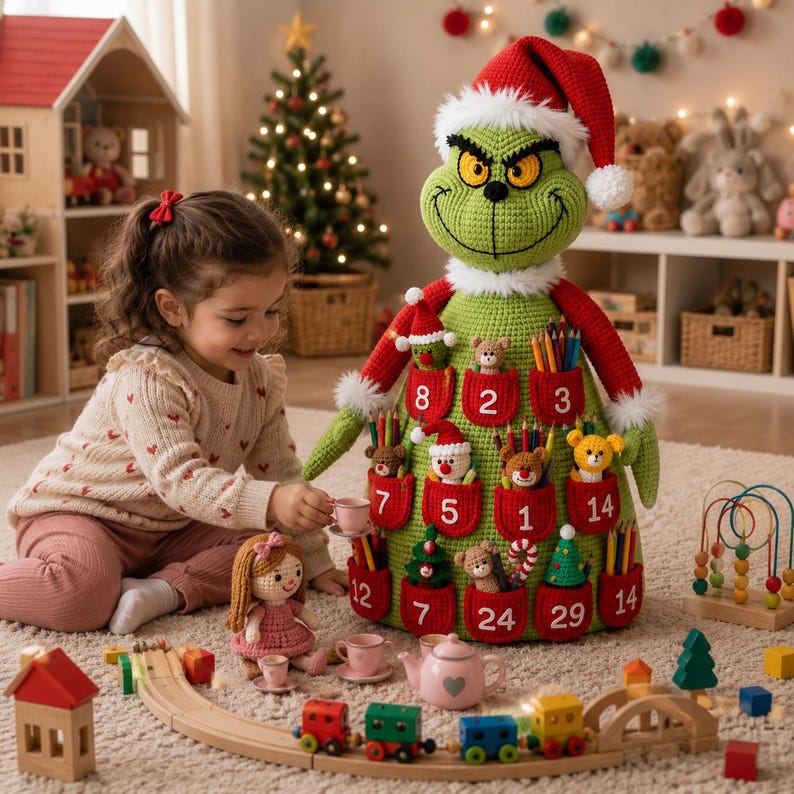 May include: A large green crocheted character doll wearing a red Santa hat and featuring twenty-four numbered pockets, each containing small stuffed animals, colored pencils, or holiday-themed ornaments, standing upright on a carpeted floor.