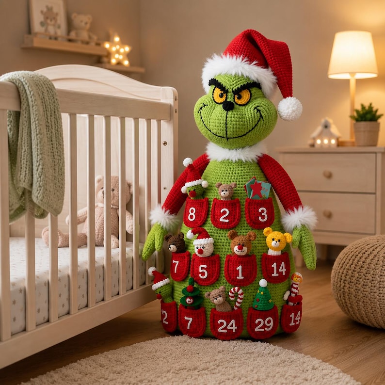 May include: A large, green, crocheted Grinch-themed advent calendar doll wearing a red Santa hat with white trim. The body features multiple red pockets, each embroidered with a white number, containing small crocheted figures like bears and trees.