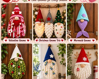 Bundel met 6 haakpatronen voor tuinkabouters, seizoenskabouter-pdf-patronen, kerstkabouter, zeemeerminkabouter, tuinkabouter, gehaakte woondecoratie
