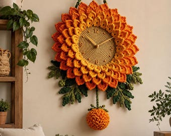 Haakpatroon voor een zonnebloem wandklok (PDF), zelfgemaakte gehaakte bloemenklok, bloemen wanddecoratie, herfst woondecoratie, handgemaakt cadeau