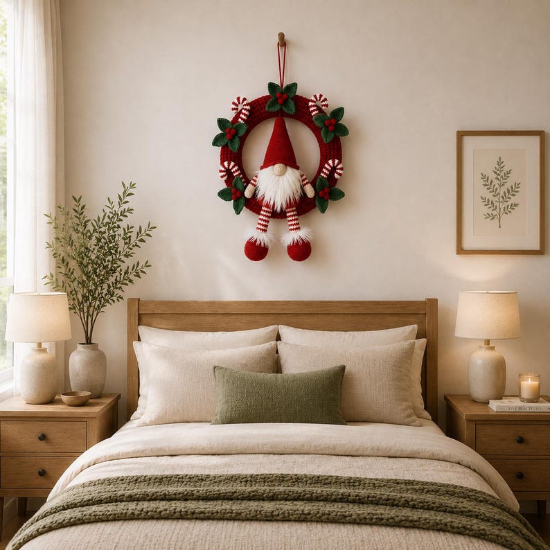 May include: A circular red crocheted wreath featuring a central gnome with a tall red hat, a white beard, and striped legs. The wreath is decorated with green fabric leaves, red berries, and small red and white striped candy cane accents.