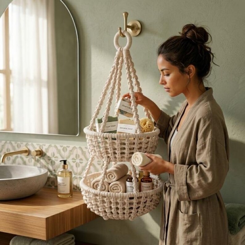 Op de afbeelding: Een cr&egrave;mekleurige macram&eacute; hangmand met twee niveaus, gevuld met opgerolde handdoeken, zeep en flessen. De mand hangt aan een gouden haak in een badkamer. Zeep met de labels "Goatmilk" en "Oatmeal Soap" zijn zichtbaar.