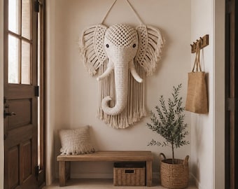 Boho-Elefanten-Wandbehang – Häkelanleitung (PDF), Safari-Kinderzimmerdeko, Elefanten-Kunst aus strukturierten Fasern, moderner Wandbehang fürs Babyzimmer