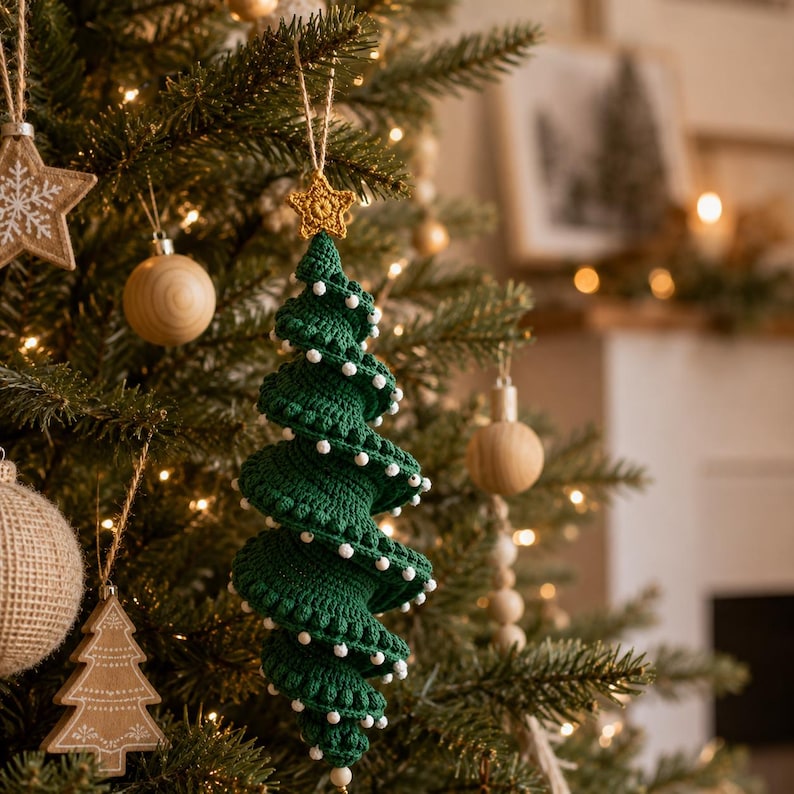 May include: A spiral-shaped dark green crochet Christmas tree ornament featuring small white bobble accents along the edges and a small yellow crocheted star at the top, suspended by a thin twine string from a pine tree branch.