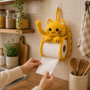 May include: A yellow crocheted cat-shaped toilet paper holder featuring a raised paw, black button eyes, and embroidered whiskers. The holder is designed to hang on a wall and securely stores a standard roll of white toilet paper for easy access.