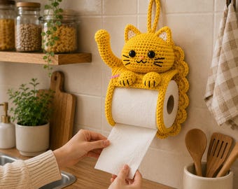 Schema PDF per porta rotolo di carta assorbente a forma di gatto all'uncinetto, schema per gatto da cucina all'uncinetto, porta rotolo di carta assorbente, decorazione amigurumi per la cucina, download immediato
