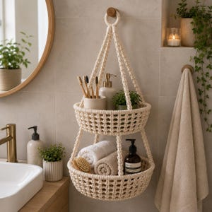 Op de afbeelding: Een cr&egrave;mekleurige macram&eacute; hangmand met twee niveaus, opgehangen aan een houten ring. De bovenste mand bevat tandenborstels, een zeepdispenser en een kleine plant. De onderste mand bevat opgerolde handdoeken, een borstel en een donkere fles.