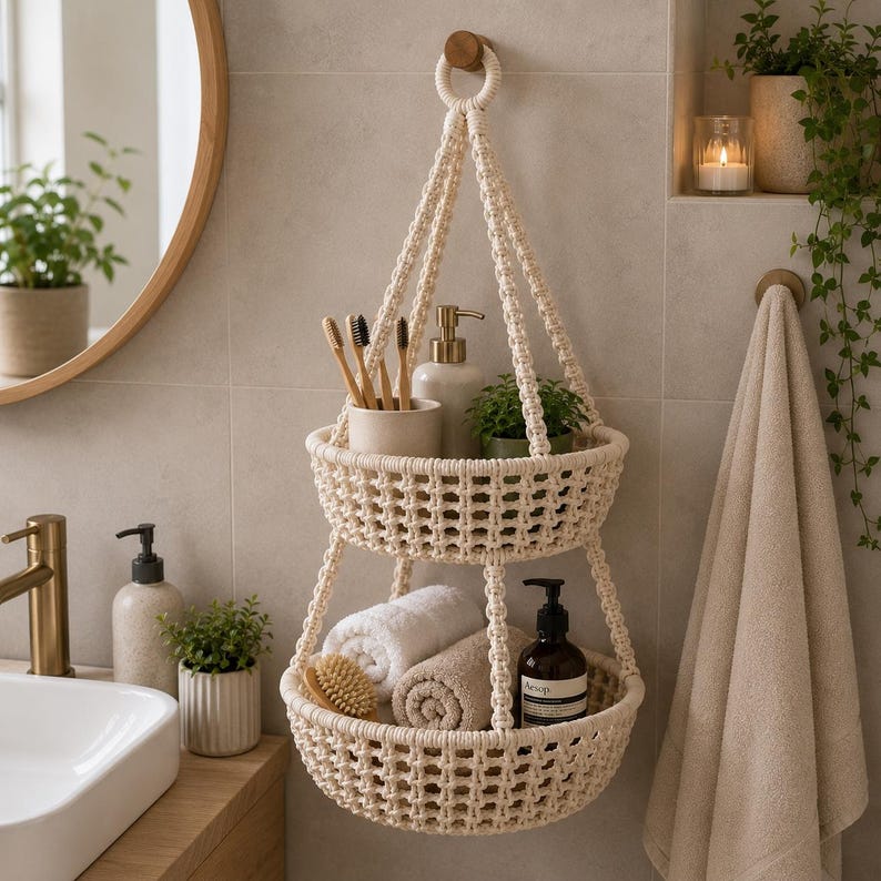 Op de afbeelding: Een cr&egrave;mekleurige macram&eacute; hangmand met twee niveaus, opgehangen aan een houten ring. De bovenste mand bevat tandenborstels, een zeepdispenser en een kleine plant. De onderste mand bevat opgerolde handdoeken, een borstel en een donkere fles.