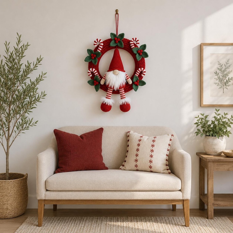 May include: A crocheted Christmas wreath featuring a central gnome with a red hat, white beard, and striped legs. The wreath is decorated with green leaves, red berries, and red and white candy canes, all suspended by a red loop.