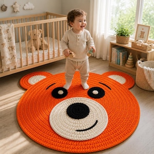 May include: A round, crocheted area rug shaped like a bear face. The rug features a vibrant orange base with a large, circular cream-colored muzzle, two black circular eyes, a black nose, and a curved black mouth. Two small, rounded ears are attached.