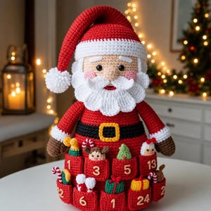 Peut inclure: Calendrier de l'Avent fait main en crochet représentant le Père Noël. La figurine du Père Noël est rouge avec une barbe blanche, une bordure de chapeau et un pompon. Le calendrier comporte 24 petites poches rouges numérotées et des figurines miniatures sur le thème des fêtes.