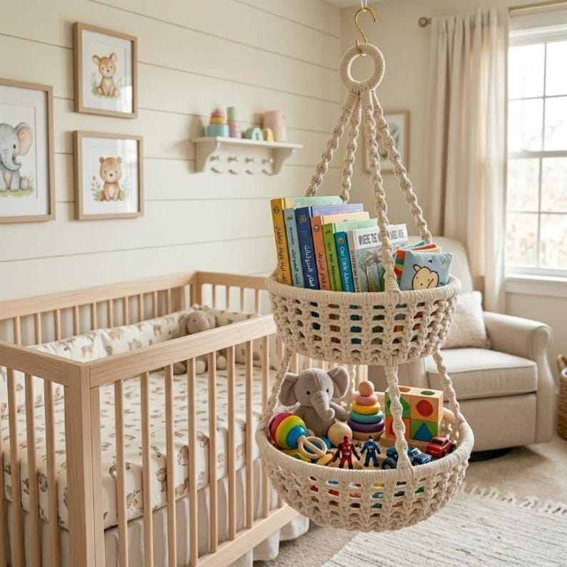 Op de afbeelding: Een cr&egrave;mekleurige macram&eacute; hangmand met twee niveaus, gevuld met boeken en speelgoed. De mand hangt aan een gouden haak. De kinderkameromgeving omvat een houten ledikant en ingelijste dierenkunst.