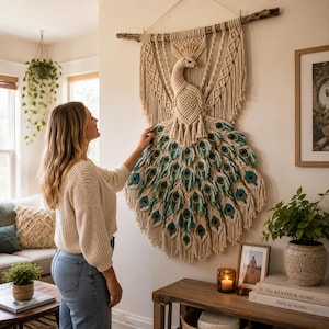 Puede incluir: Un gran tapiz de pared de macramé con un pavo real. El pavo real está hecho de cuerda de color natural con detalles en verde azulado y marrón en las plumas de la cola. El tapiz está suspendido de una rama de madera natural.